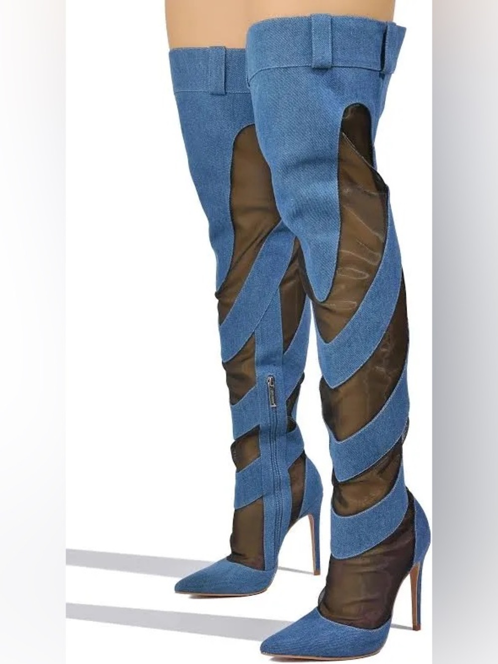 Denim and Black Over-the-Knee Stiletto Boots